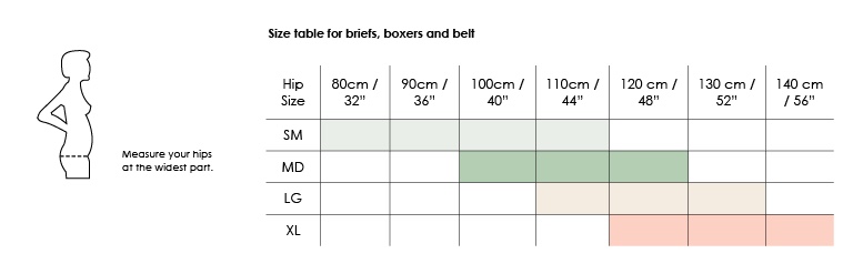 Size table for briefs, boxers and belts